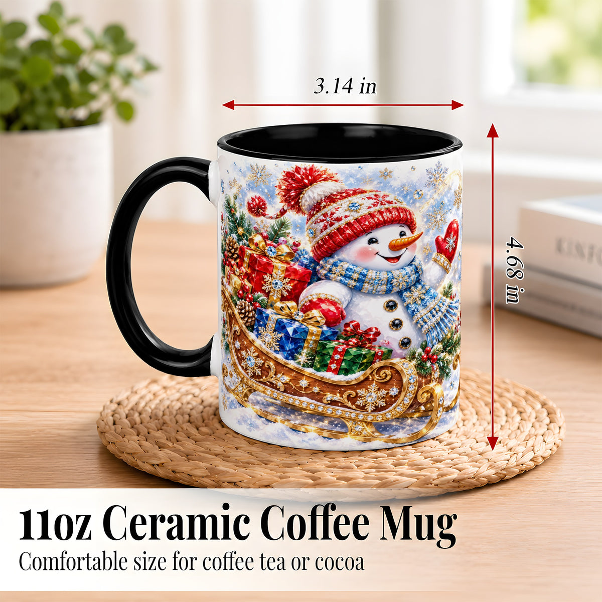 #pl[11oz|Black] Christmas Snowman Coffee Mug, Sleigh Snowman Mug, Ceramic Cup