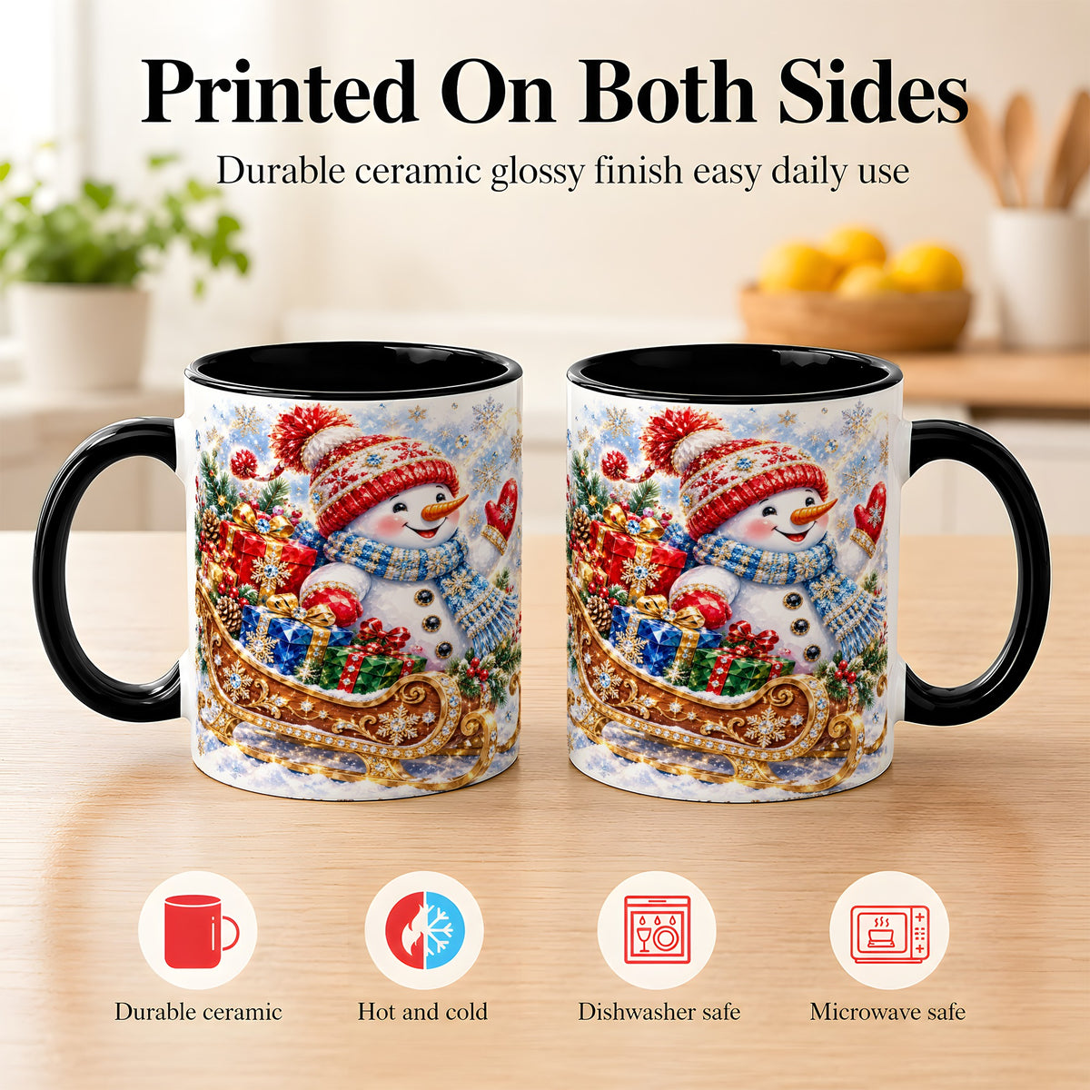 #pl[11oz|Black] Christmas Snowman Coffee Mug, Sleigh Snowman Mug, Ceramic Cup
