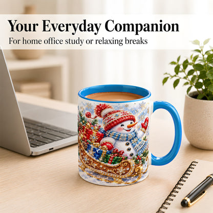 #pl[11oz|Blue] Christmas Snowman Coffee Mug, Sleigh Snowman Mug, Ceramic Cup