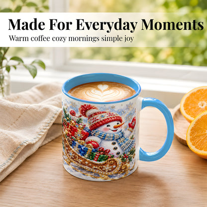 #pl[11oz|Blue] Christmas Snowman Coffee Mug, Sleigh Snowman Mug, Ceramic Cup