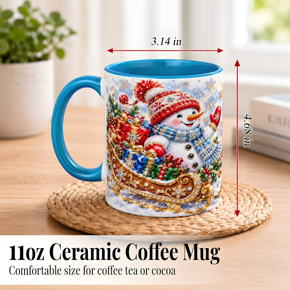 #pl[11oz|Blue] Christmas Snowman Coffee Mug, Sleigh Snowman Mug, Ceramic Cup