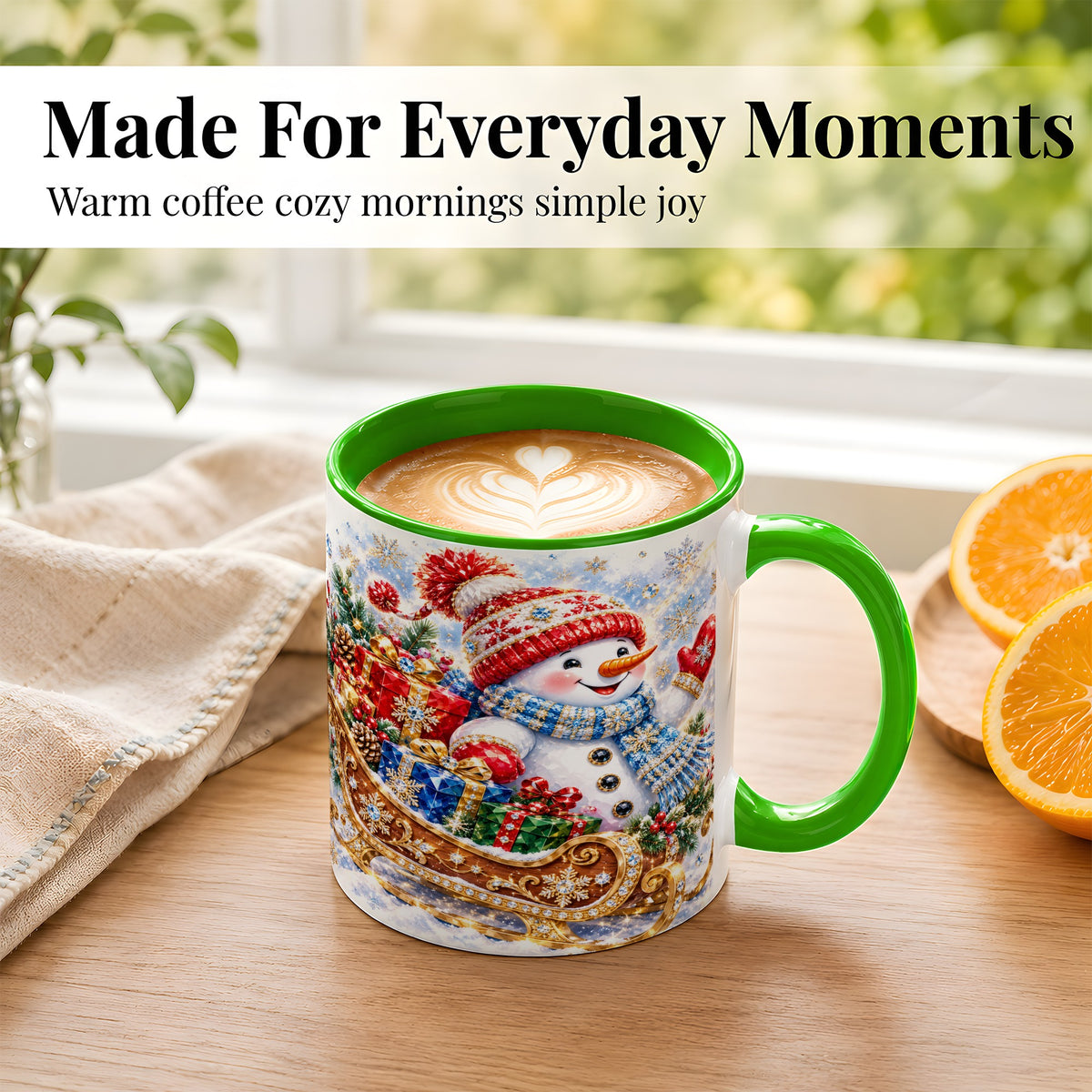#pl[11oz|Green] Christmas Snowman Coffee Mug, Sleigh Snowman Mug, Ceramic Cup