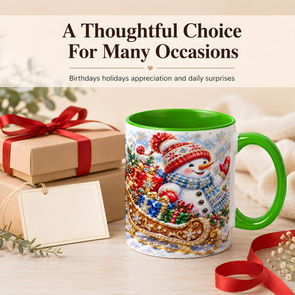#pl[11oz|Green] Christmas Snowman Coffee Mug, Sleigh Snowman Mug, Ceramic Cup