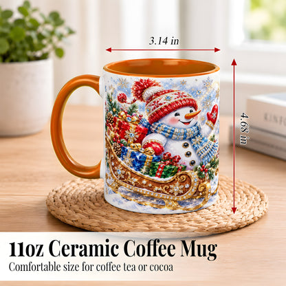 #pl[11oz|Orange] Christmas Snowman Coffee Mug, Sleigh Snowman Mug, Ceramic Cup