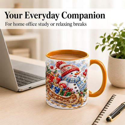 #pl[11oz|Orange] Christmas Snowman Coffee Mug, Sleigh Snowman Mug, Ceramic Cup
