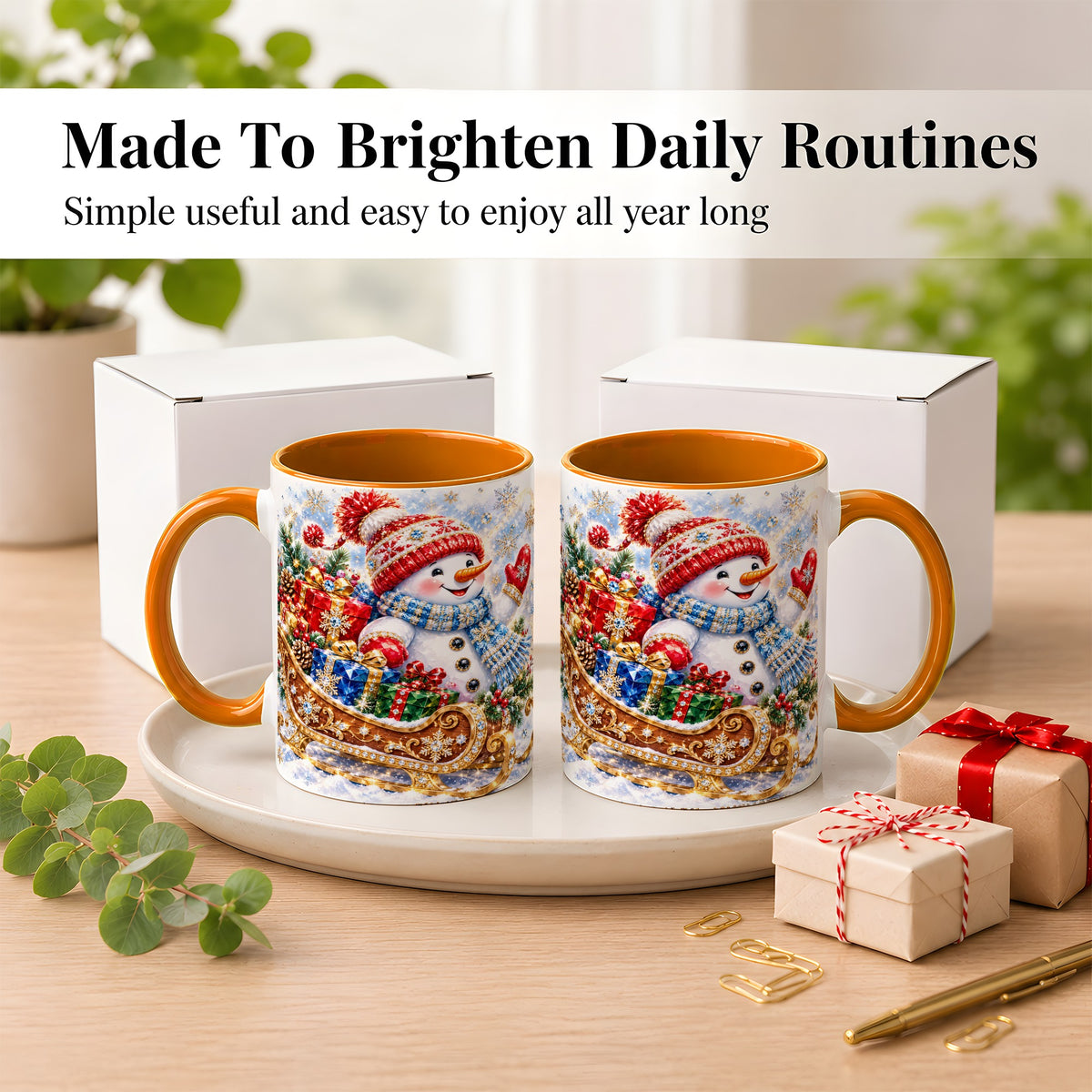 #pl[11oz|Orange] Christmas Snowman Coffee Mug, Sleigh Snowman Mug, Ceramic Cup