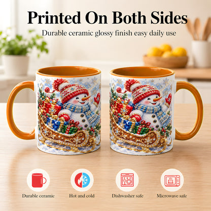 #pl[11oz|Orange] Christmas Snowman Coffee Mug, Sleigh Snowman Mug, Ceramic Cup