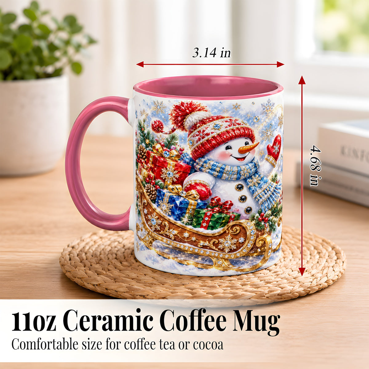 #pl[11oz|Pink] Christmas Snowman Coffee Mug, Sleigh Snowman Mug, Ceramic Cup