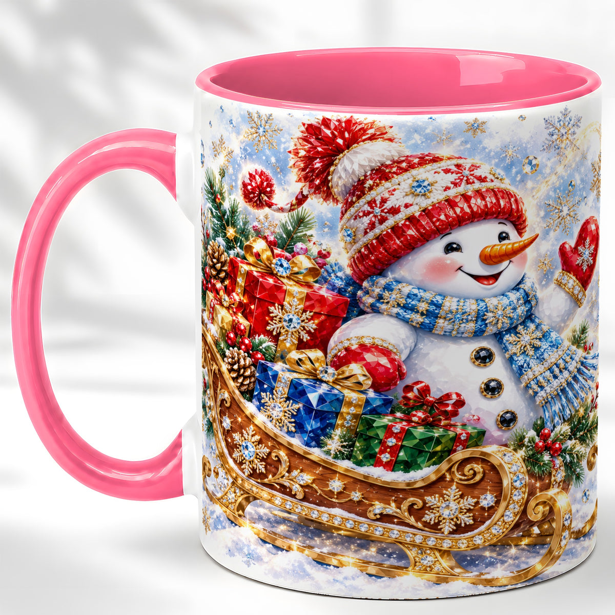 #pl[11oz|Pink] Christmas Snowman Coffee Mug, Sleigh Snowman Mug, Ceramic Cup