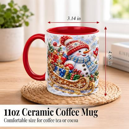 #pl[11oz|Red] Christmas Snowman Coffee Mug, Sleigh Snowman Mug, Ceramic Cup