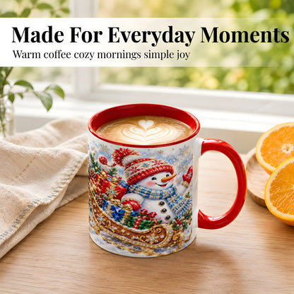 #pl[11oz|Red] Christmas Snowman Coffee Mug, Sleigh Snowman Mug, Ceramic Cup