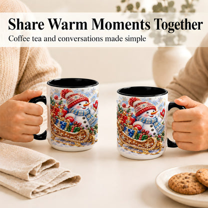 #pl[15oz|Black] Christmas Snowman Coffee Mug, Sleigh Snowman Mug, Ceramic Cup
