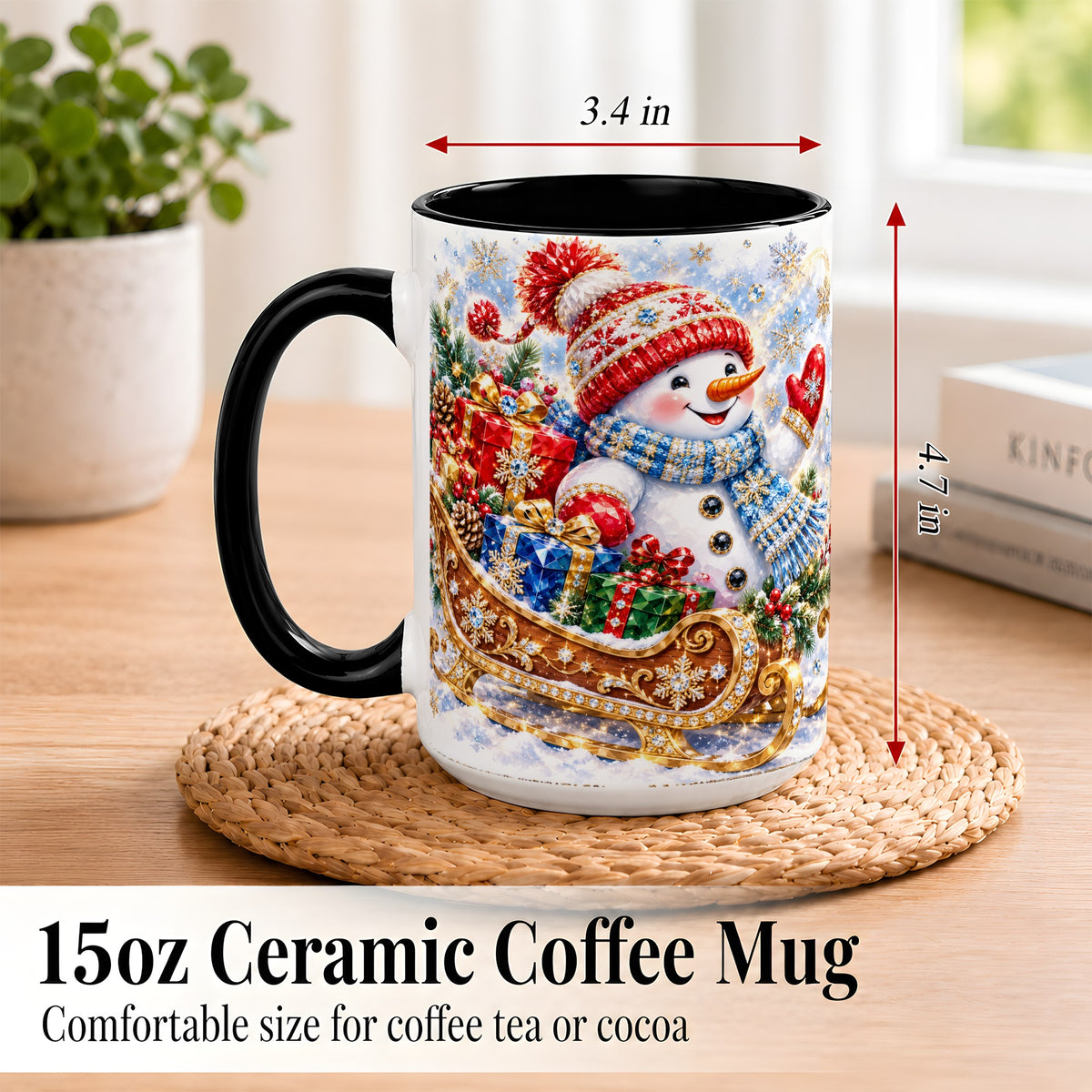 #pl[15oz|Black] Christmas Snowman Coffee Mug, Sleigh Snowman Mug, Ceramic Cup