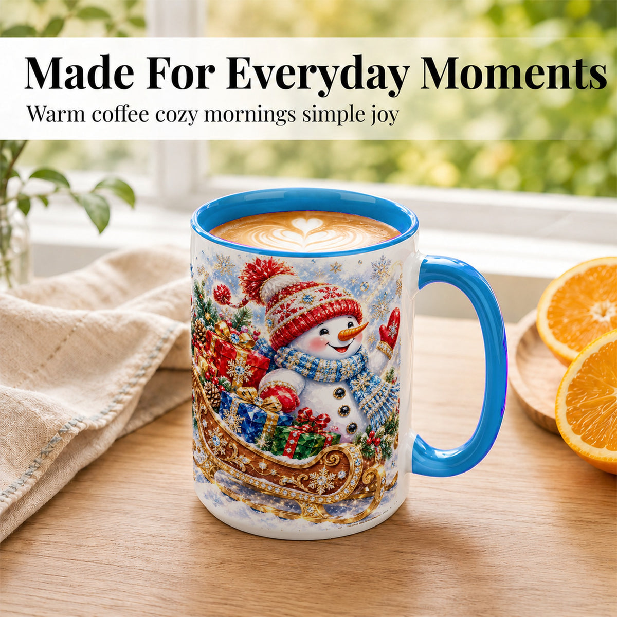 #pl[15oz|Blue] Christmas Snowman Coffee Mug, Sleigh Snowman Mug, Ceramic Cup