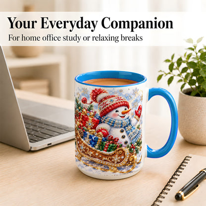 #pl[15oz|Blue] Christmas Snowman Coffee Mug, Sleigh Snowman Mug, Ceramic Cup