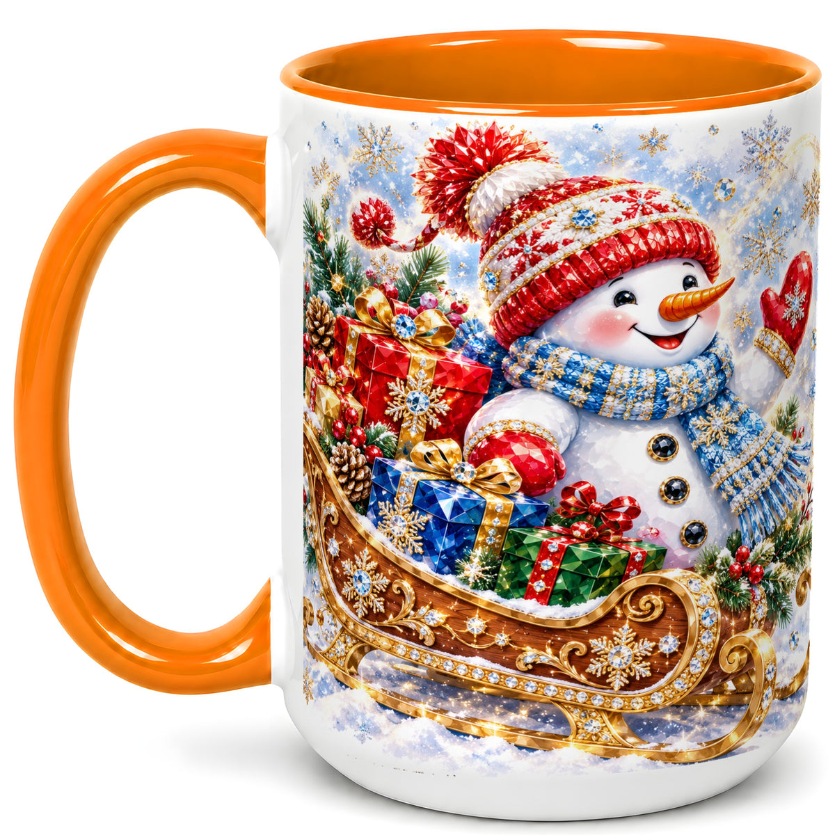 #pl[15oz|Orange] Christmas Snowman Coffee Mug, Sleigh Snowman Mug, Ceramic Cup