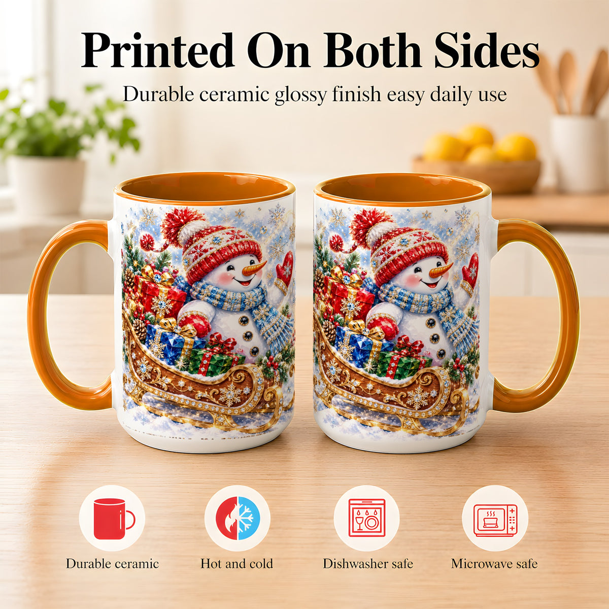 #pl[15oz|Orange] Christmas Snowman Coffee Mug, Sleigh Snowman Mug, Ceramic Cup