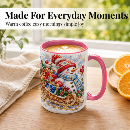 #pl[15oz|Pink] Christmas Snowman Coffee Mug, Sleigh Snowman Mug, Ceramic Cup