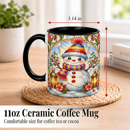 #pl[11oz|Black] Stained Glass Style Snowman Coffee Mug, Winter Snowman Mug, Ceramic Cup