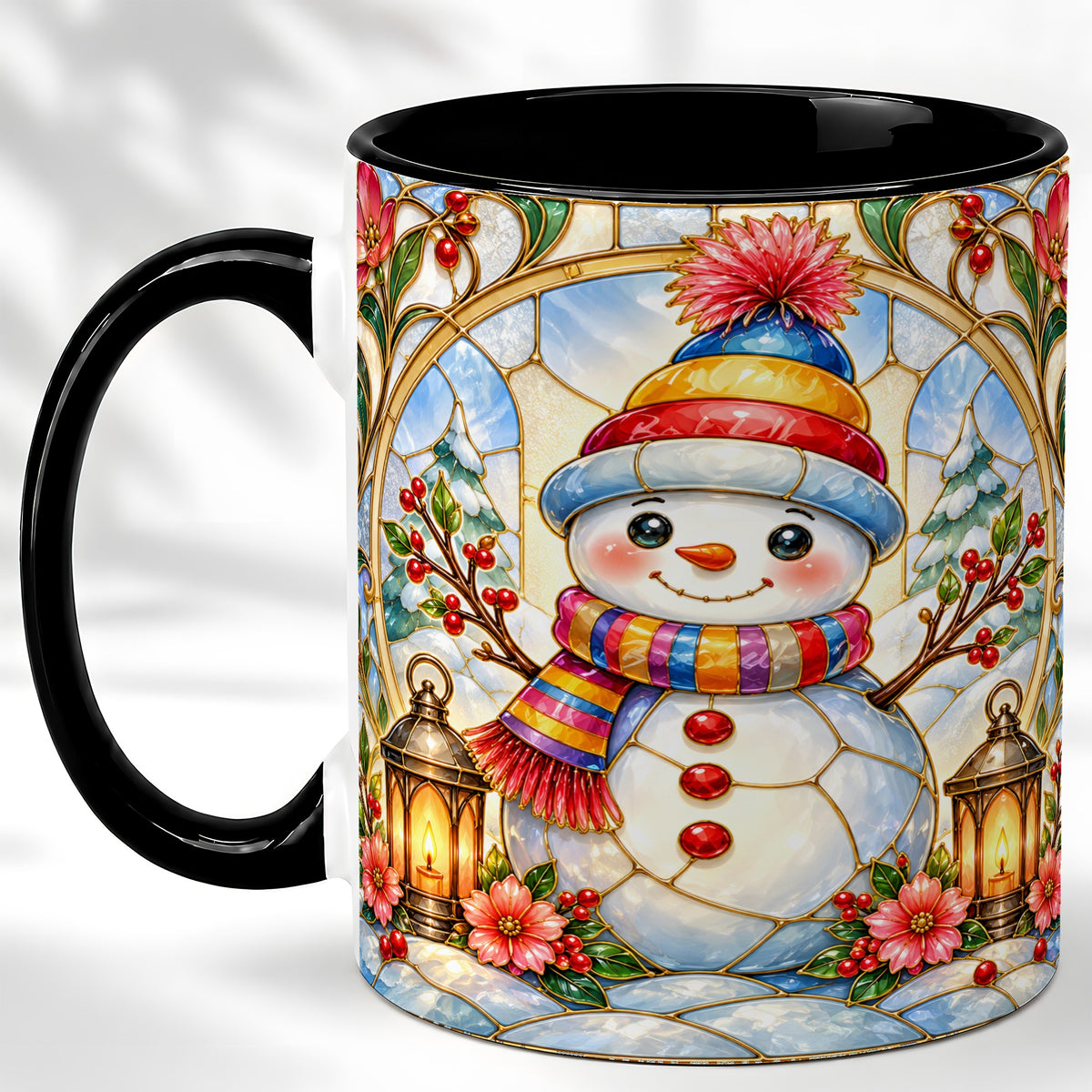 #pl[11oz|Black] Stained Glass Style Snowman Coffee Mug, Winter Snowman Mug, Ceramic Cup