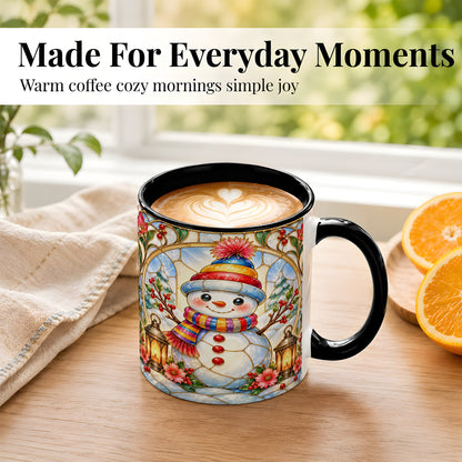 #pl[11oz|Black] Stained Glass Style Snowman Coffee Mug, Winter Snowman Mug, Ceramic Cup