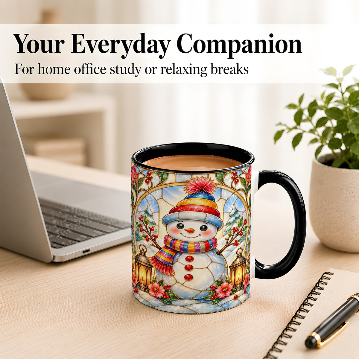 #pl[11oz|Black] Stained Glass Style Snowman Coffee Mug, Winter Snowman Mug, Ceramic Cup