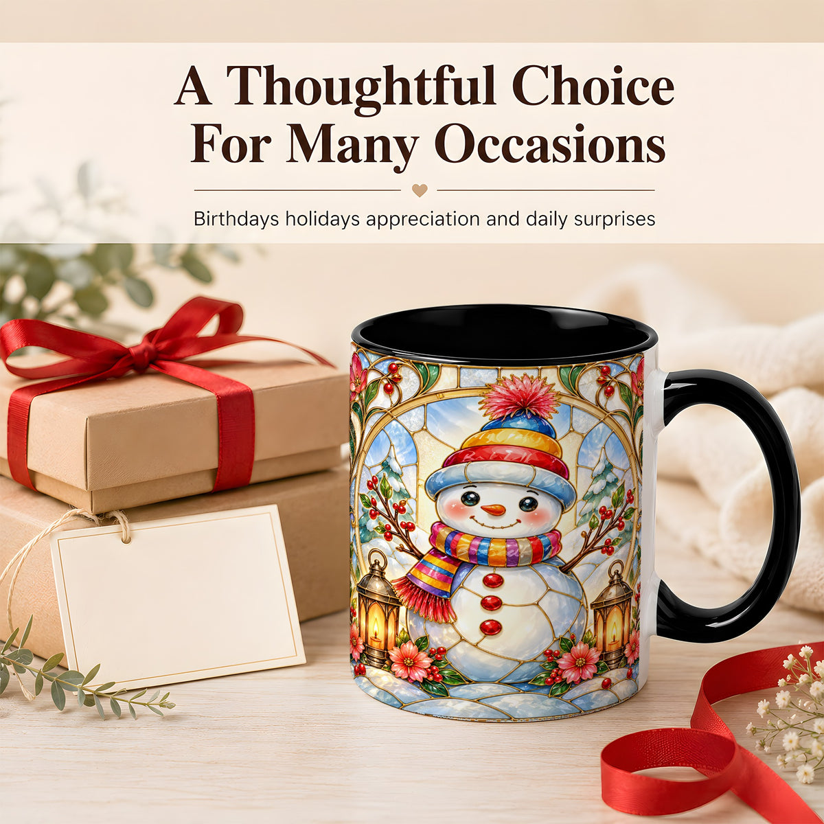 #pl[11oz|Black] Stained Glass Style Snowman Coffee Mug, Winter Snowman Mug, Ceramic Cup