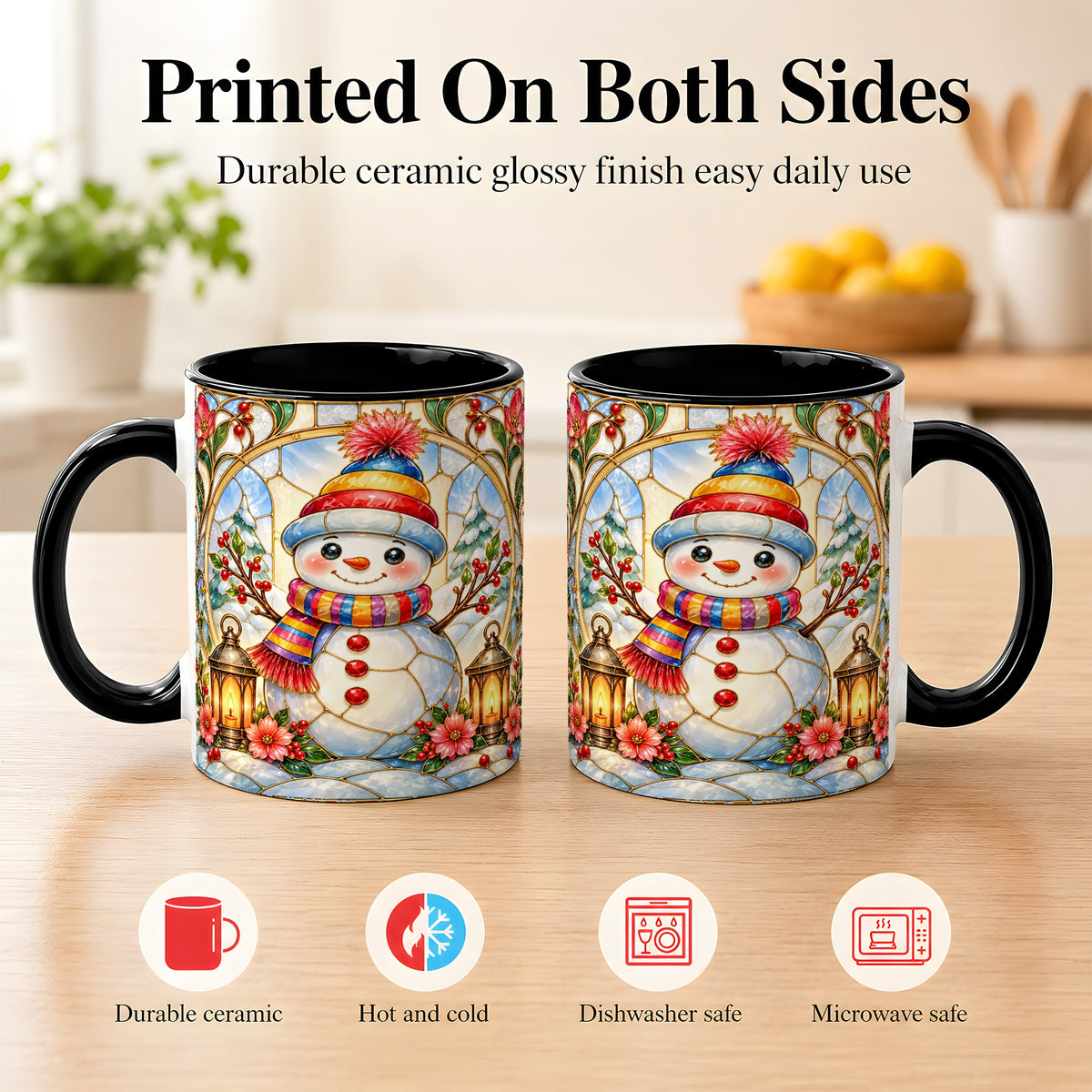#pl[11oz|Black] Stained Glass Style Snowman Coffee Mug, Winter Snowman Mug, Ceramic Cup