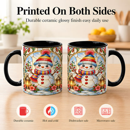 #pl[11oz|Black] Stained Glass Style Snowman Coffee Mug, Winter Snowman Mug, Ceramic Cup