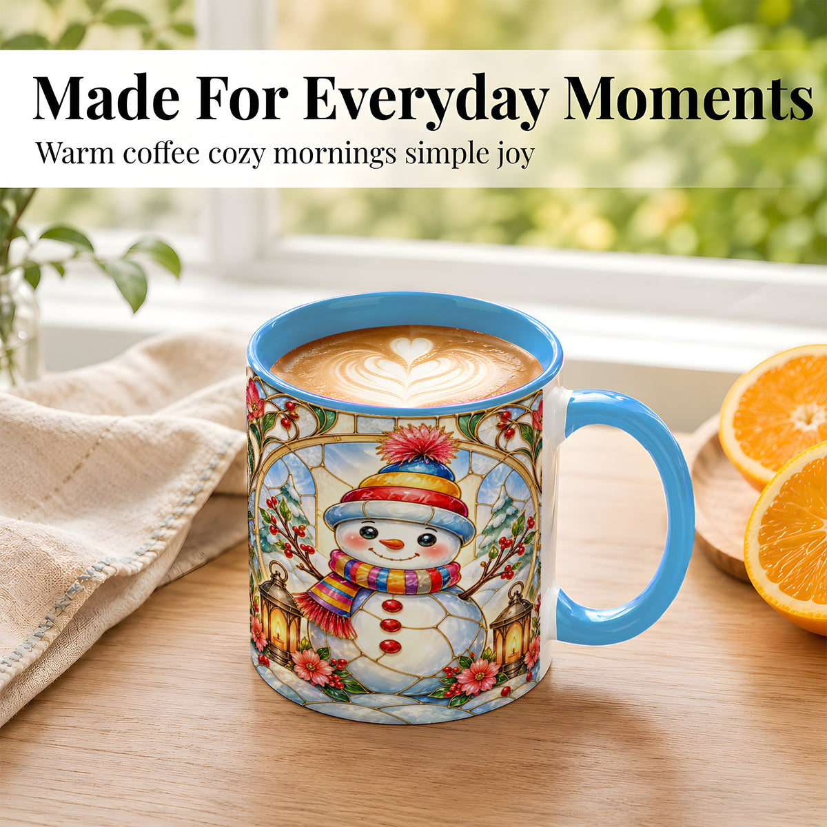 #pl[11oz|Blue] Stained Glass Style Snowman Coffee Mug, Winter Snowman Mug, Ceramic Cup