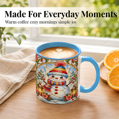 #pl[11oz|Blue] Stained Glass Style Snowman Coffee Mug, Winter Snowman Mug, Ceramic Cup