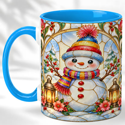 #pl[11oz|Blue] Stained Glass Style Snowman Coffee Mug, Winter Snowman Mug, Ceramic Cup