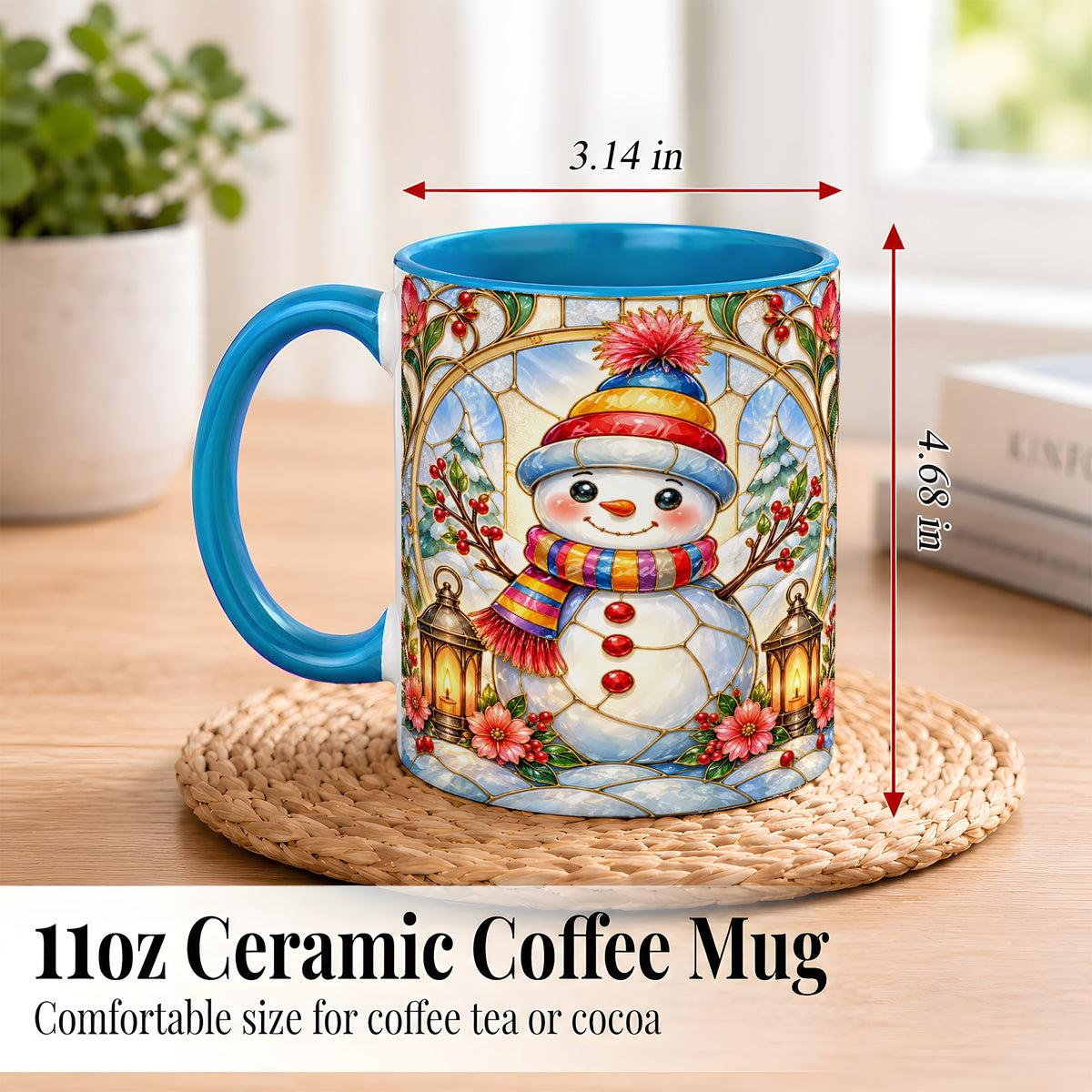 #pl[11oz|Blue] Stained Glass Style Snowman Coffee Mug, Winter Snowman Mug, Ceramic Cup