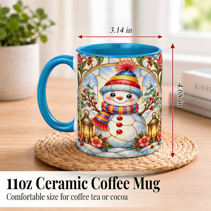 #pl[11oz|Blue] Stained Glass Style Snowman Coffee Mug, Winter Snowman Mug, Ceramic Cup