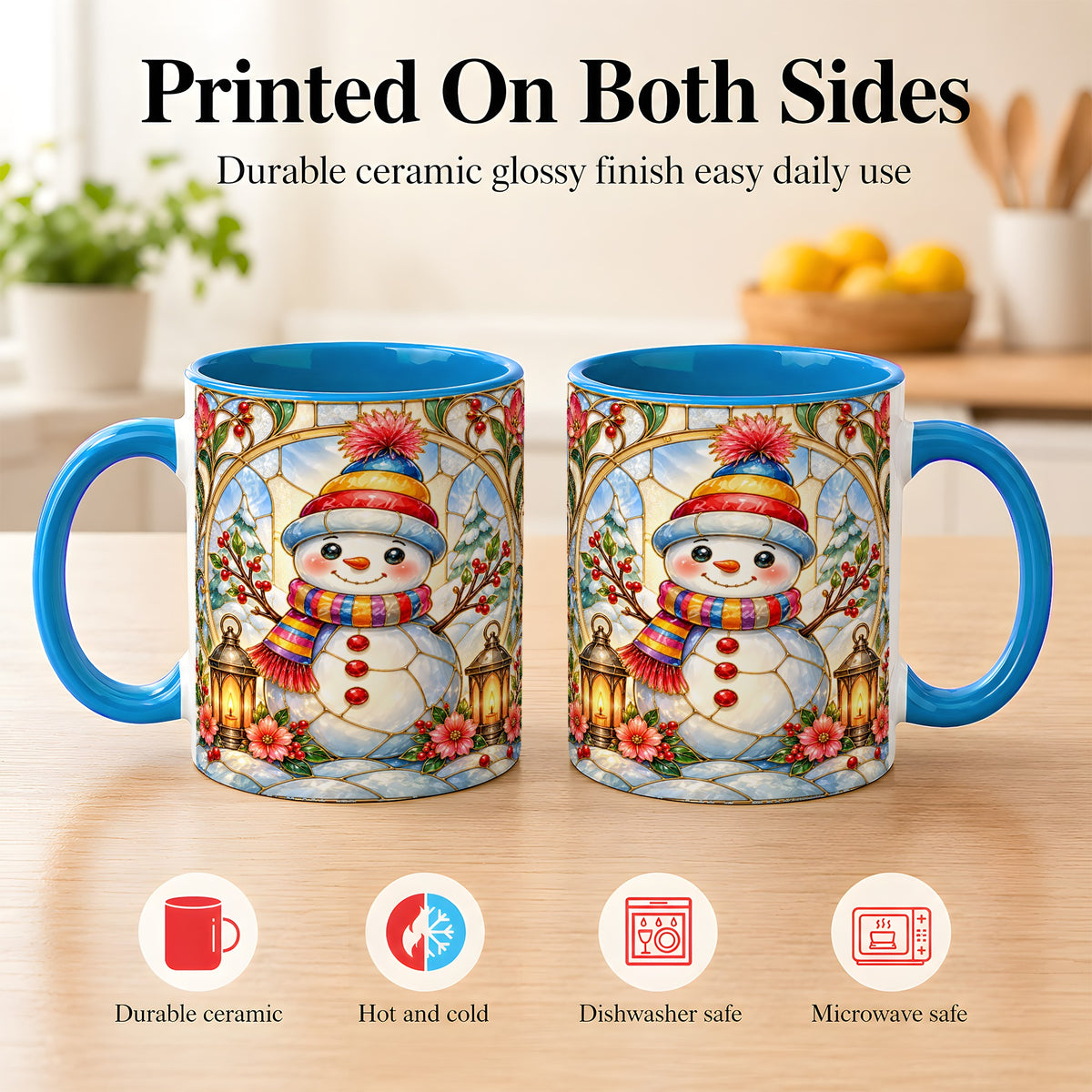 #pl[11oz|Blue] Stained Glass Style Snowman Coffee Mug, Winter Snowman Mug, Ceramic Cup