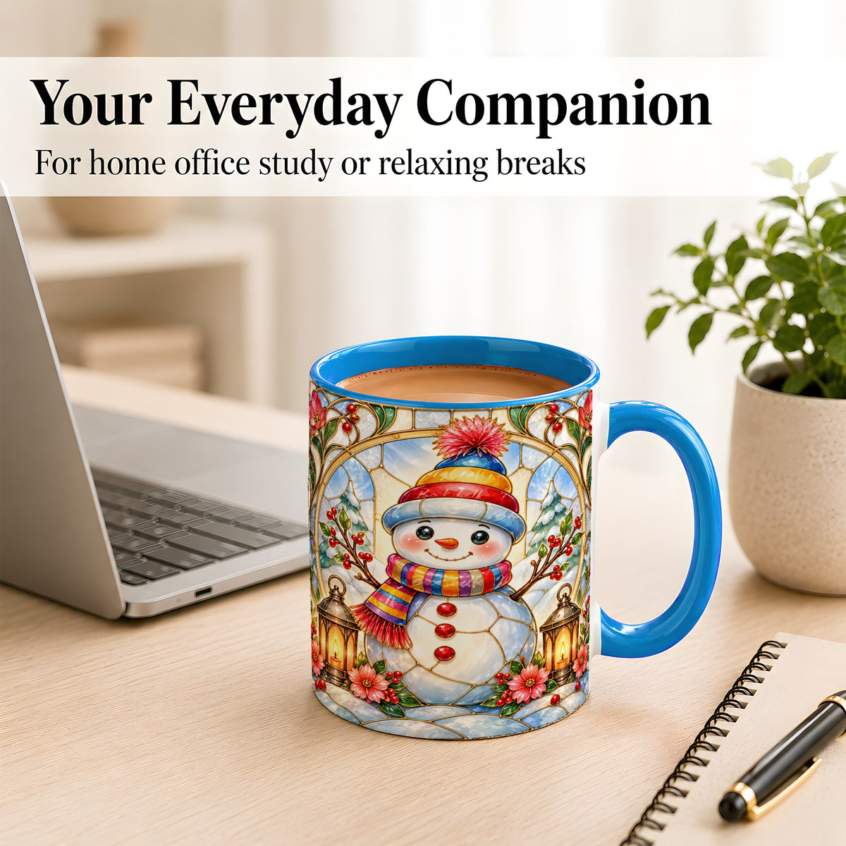 #pl[11oz|Blue] Stained Glass Style Snowman Coffee Mug, Winter Snowman Mug, Ceramic Cup