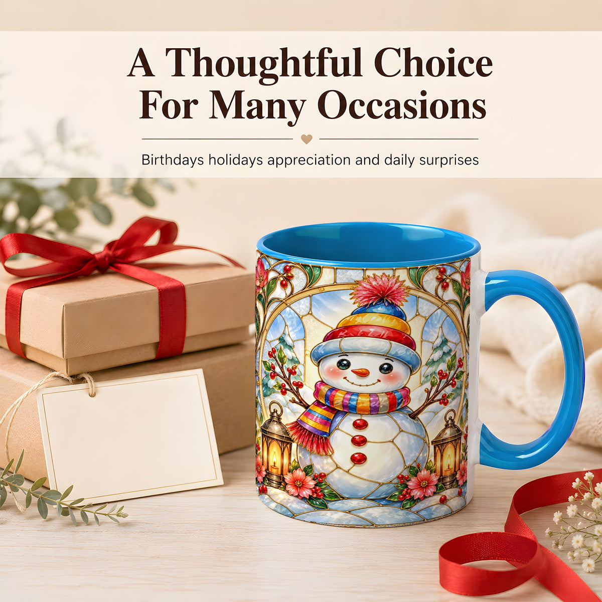 #pl[11oz|Blue] Stained Glass Style Snowman Coffee Mug, Winter Snowman Mug, Ceramic Cup