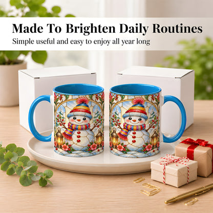 #pl[11oz|Blue] Stained Glass Style Snowman Coffee Mug, Winter Snowman Mug, Ceramic Cup