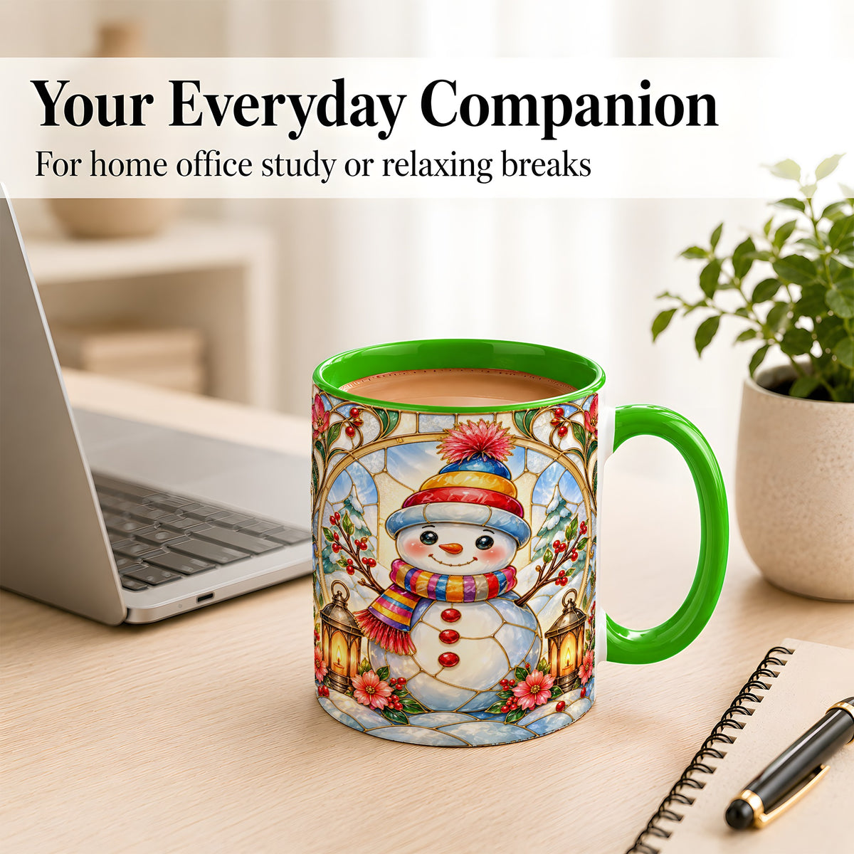 #pl[11oz|Green] Stained Glass Style Snowman Coffee Mug, Winter Snowman Mug, Ceramic Cup