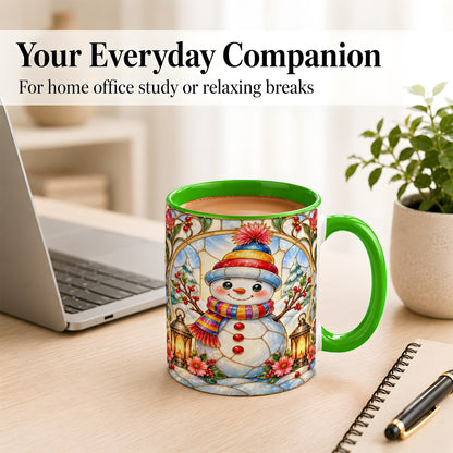 #pl[11oz|Green] Stained Glass Style Snowman Coffee Mug, Winter Snowman Mug, Ceramic Cup