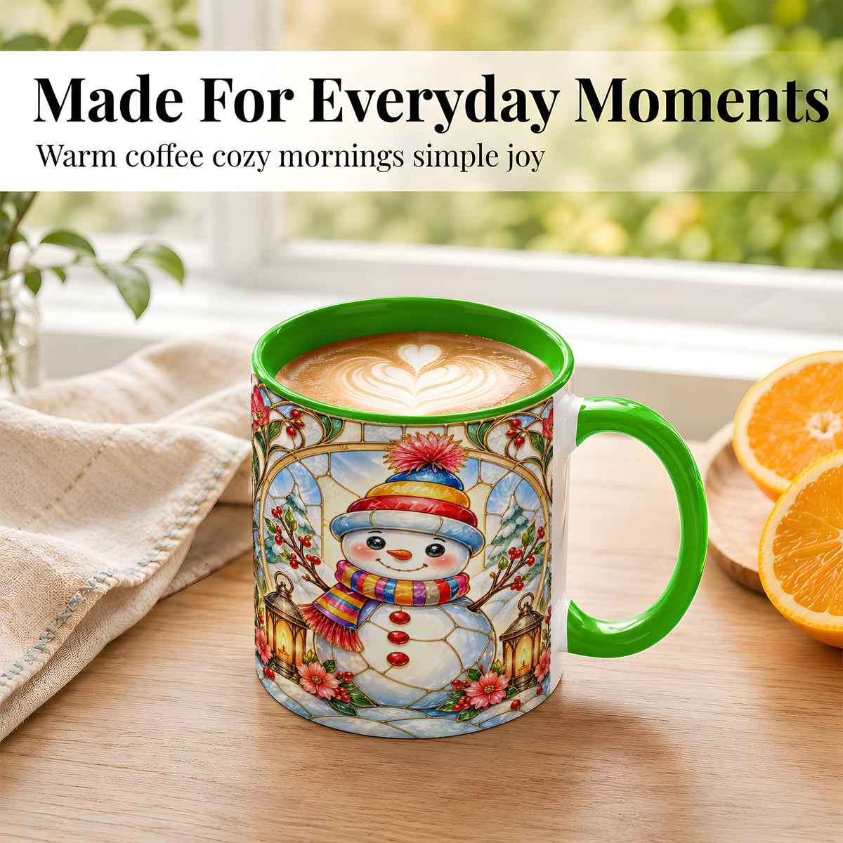 #pl[11oz|Green] Stained Glass Style Snowman Coffee Mug, Winter Snowman Mug, Ceramic Cup