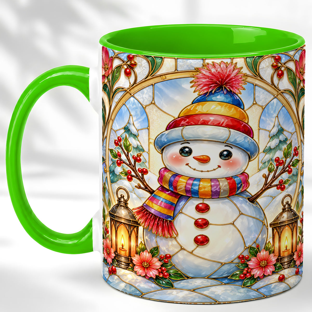 #pl[11oz|Green] Stained Glass Style Snowman Coffee Mug, Winter Snowman Mug, Ceramic Cup