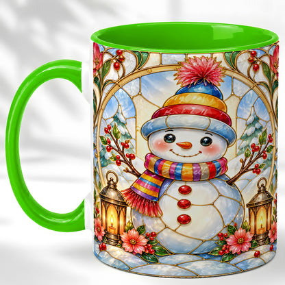 #pl[11oz|Green] Stained Glass Style Snowman Coffee Mug, Winter Snowman Mug, Ceramic Cup