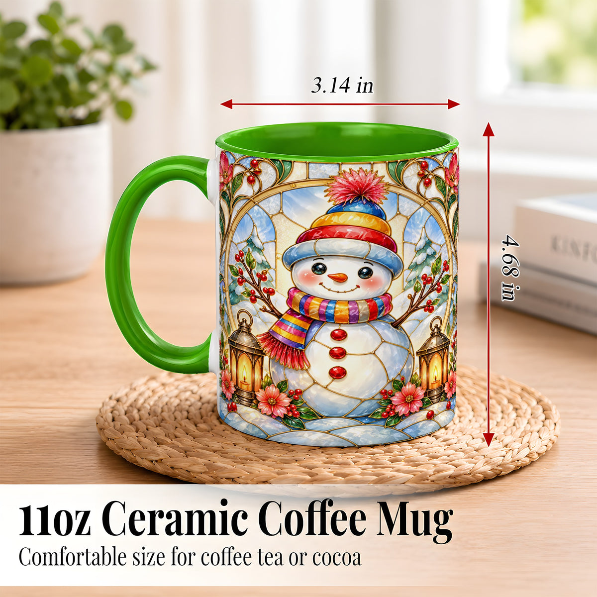 #pl[11oz|Green] Stained Glass Style Snowman Coffee Mug, Winter Snowman Mug, Ceramic Cup