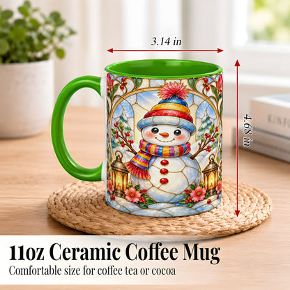 #pl[11oz|Green] Stained Glass Style Snowman Coffee Mug, Winter Snowman Mug, Ceramic Cup