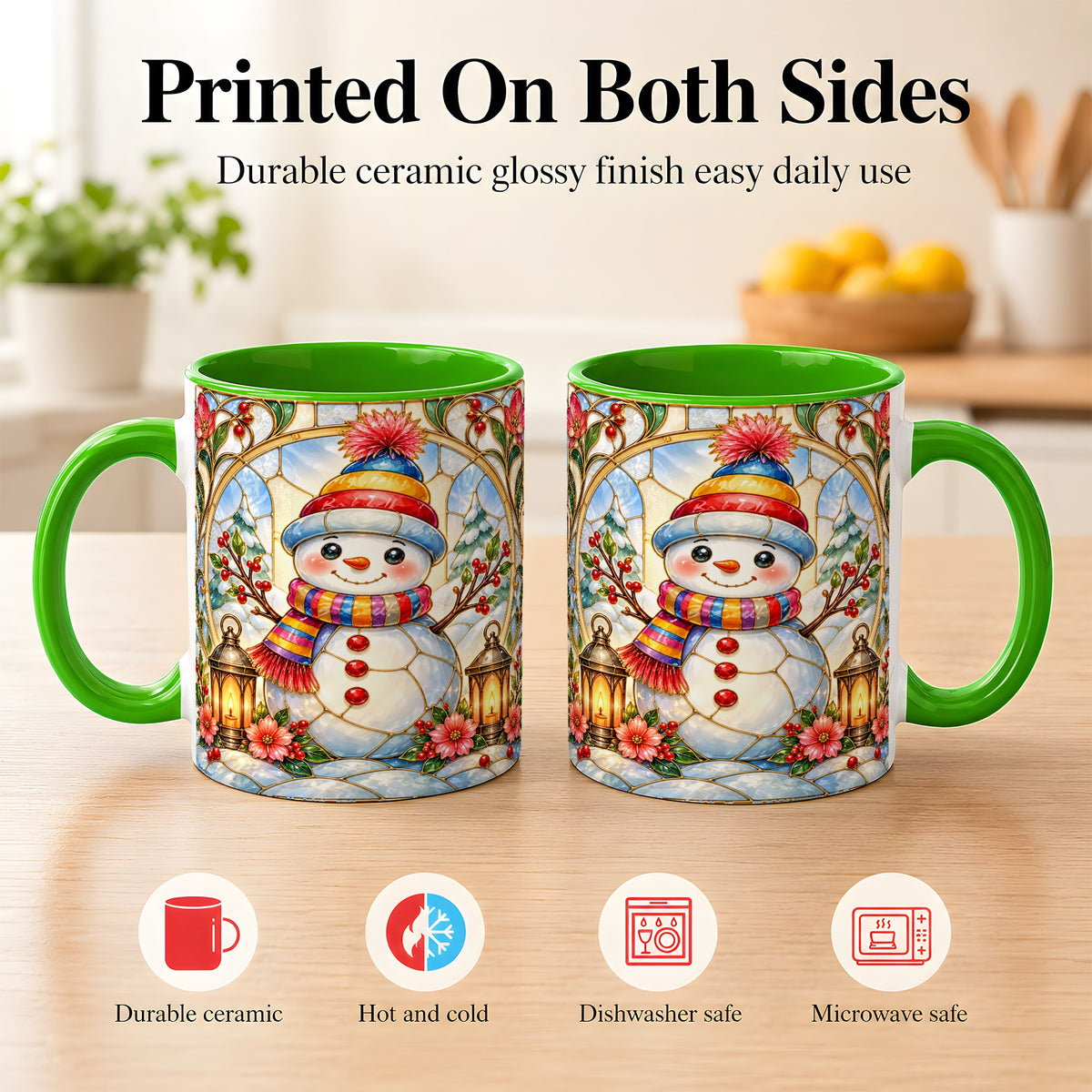 #pl[11oz|Green] Stained Glass Style Snowman Coffee Mug, Winter Snowman Mug, Ceramic Cup