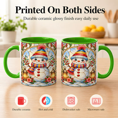 #pl[11oz|Green] Stained Glass Style Snowman Coffee Mug, Winter Snowman Mug, Ceramic Cup