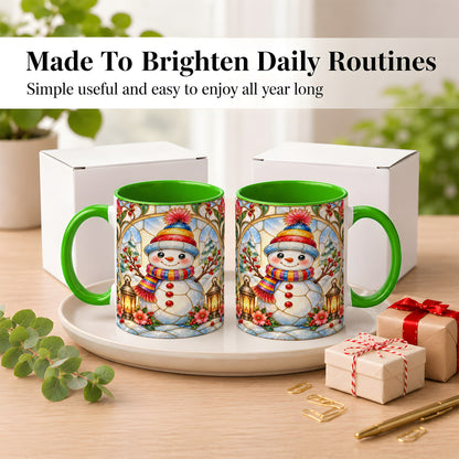 #pl[11oz|Green] Stained Glass Style Snowman Coffee Mug, Winter Snowman Mug, Ceramic Cup