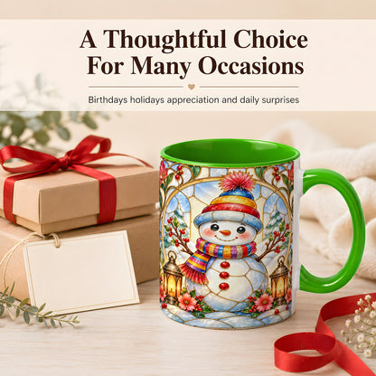 #pl[11oz|Green] Stained Glass Style Snowman Coffee Mug, Winter Snowman Mug, Ceramic Cup