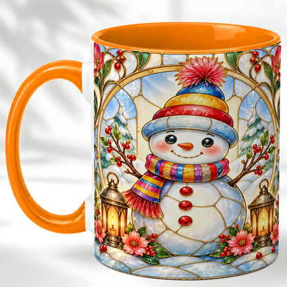#pl[11oz|Orange] Stained Glass Style Snowman Coffee Mug, Winter Snowman Mug, Ceramic Cup